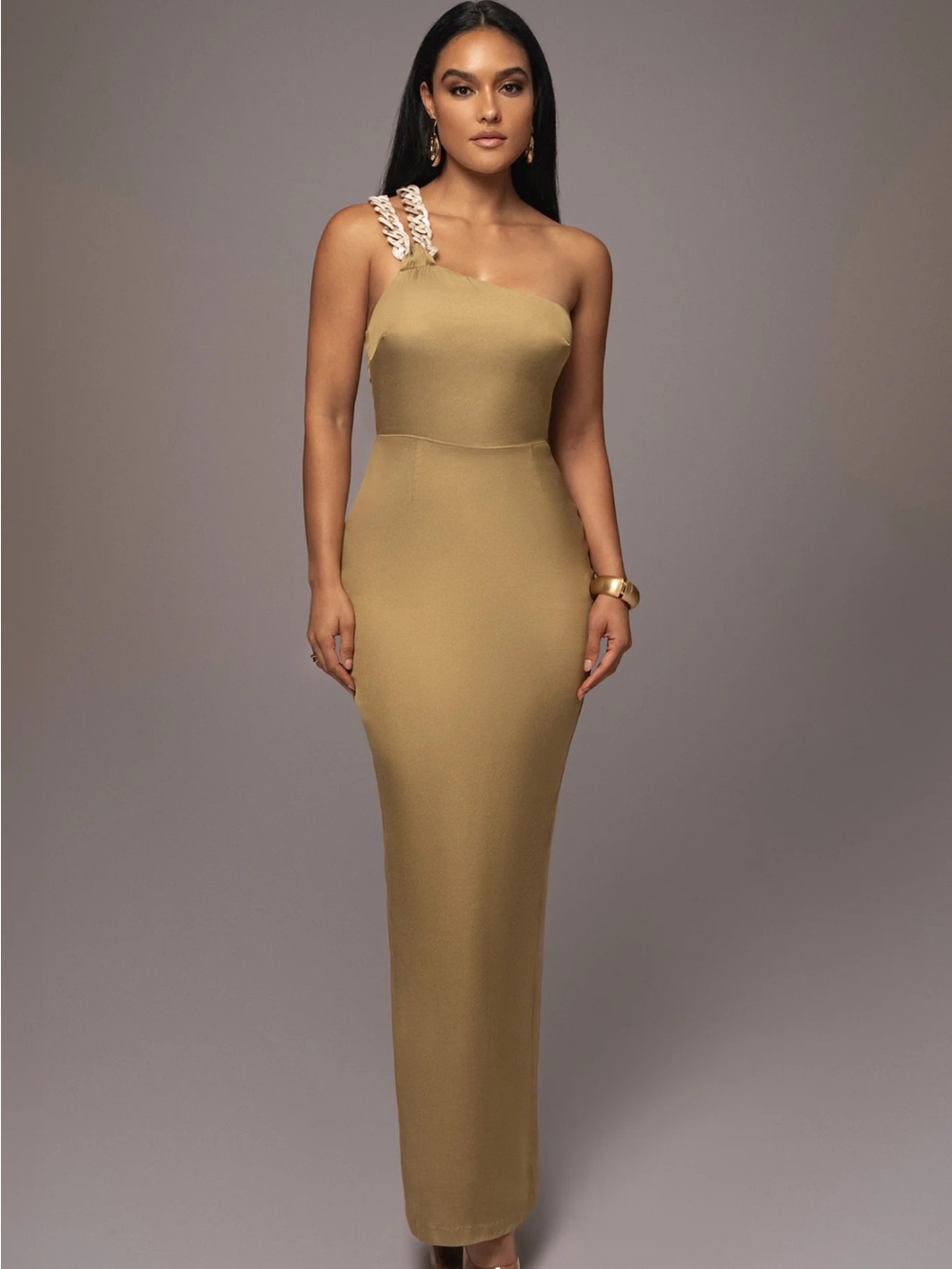 JLUXLABEL One-Shoulder Dress with Chunky Chain Strap in Olive